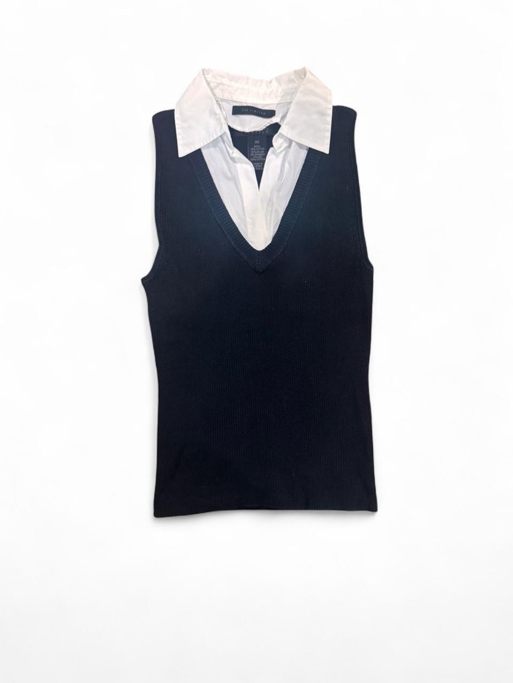 The Limited Black Sleeveless V-Neck Knit Tank with White Collar